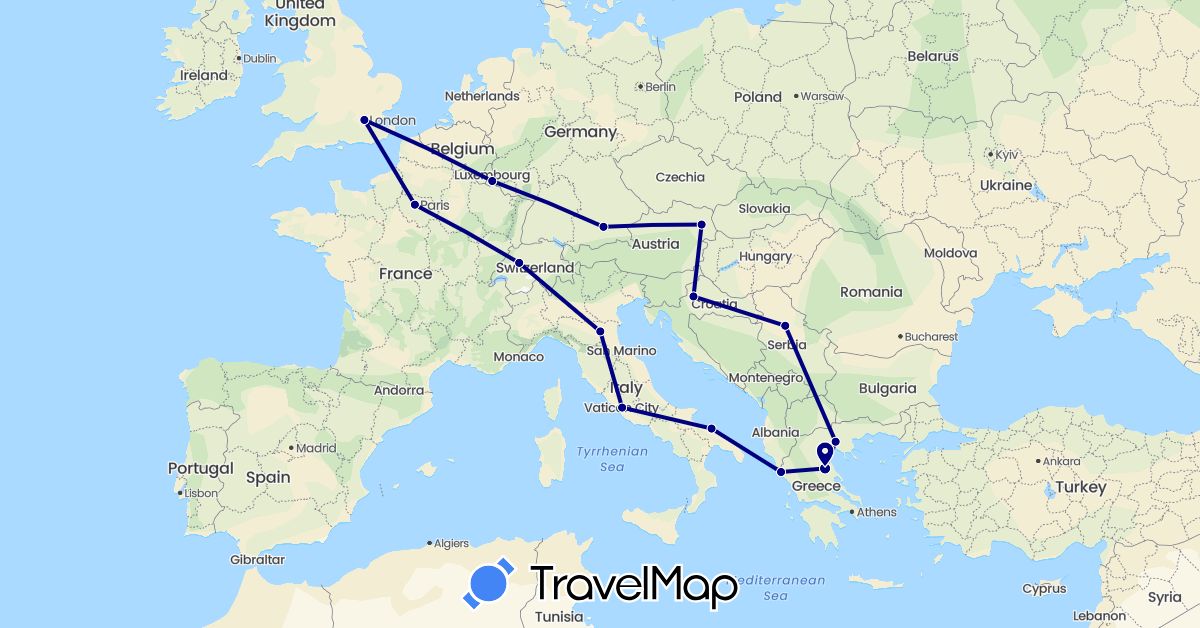 TravelMap itinerary: driving in Austria, Switzerland, Germany, France, United Kingdom, Greece, Croatia, Italy, Luxembourg, Serbia (Europe)