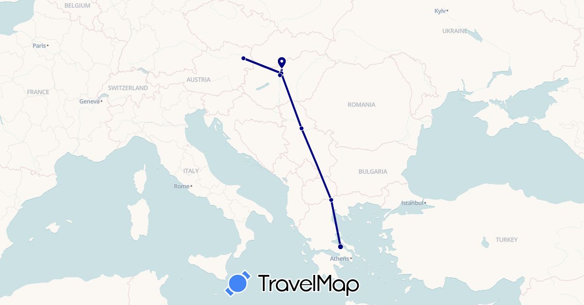 TravelMap itinerary: driving in Austria, Greece, Hungary, Serbia (Europe)